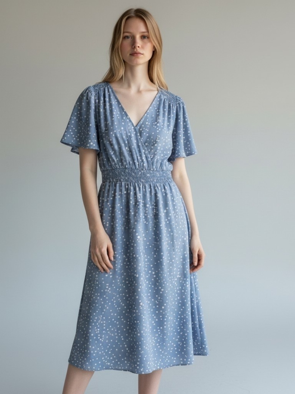 BloomChic Light Blue Polka Dot Stretchy Midi Dress